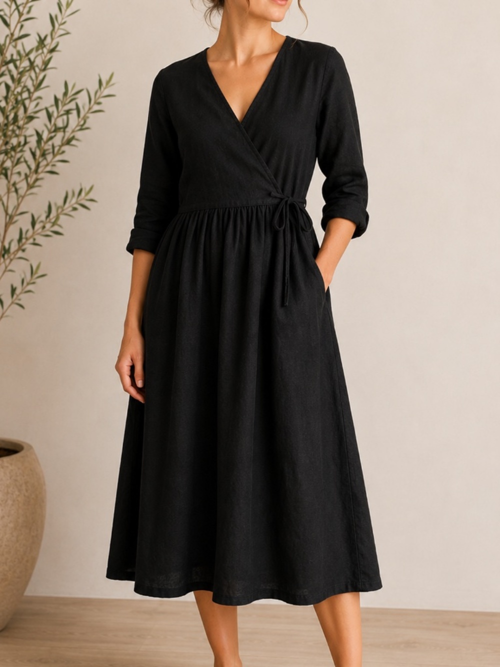 Simply Grey 100% Linen Wrap Dress Tie Waist Black Midi Size Small